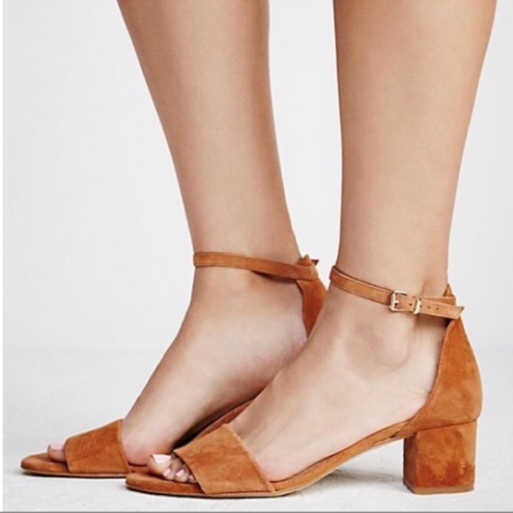 Free People Strappy Chunky Heel Suede Marigold Camel Brown Block Heels Sandals